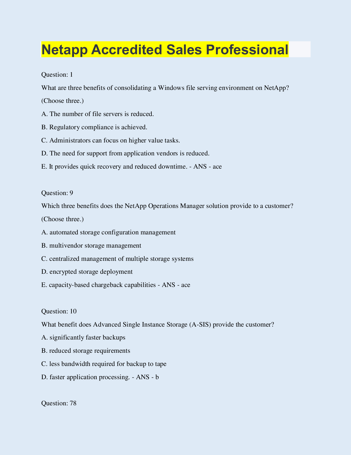 Preview image for Netapp Accredited Sales Professional Test | 80 Questions with 100% Correct Answers | Updated & Verified | 25 Pages